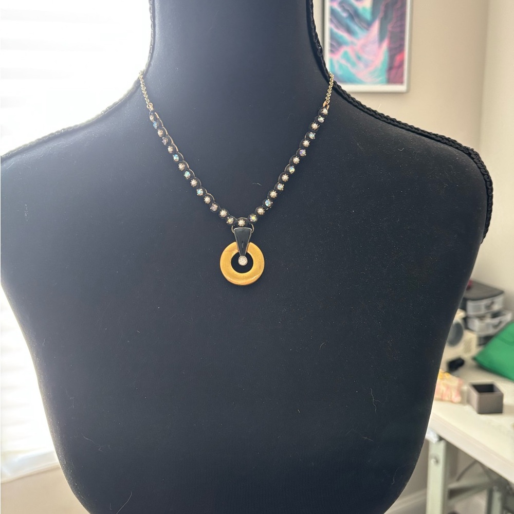 Gold Disc Pendant Necklace with Crystal Bead Chain